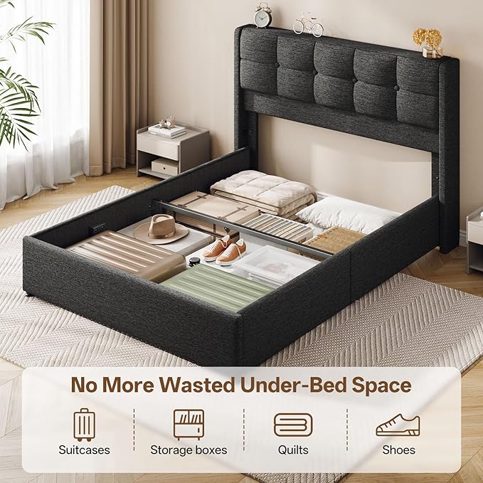 Lift Up Full Size Bed Frame with Storage, Upholstered Full Bed Frame with Wingback Headboard, No Box Spring Needed, Easy Assembly - Dark Grey