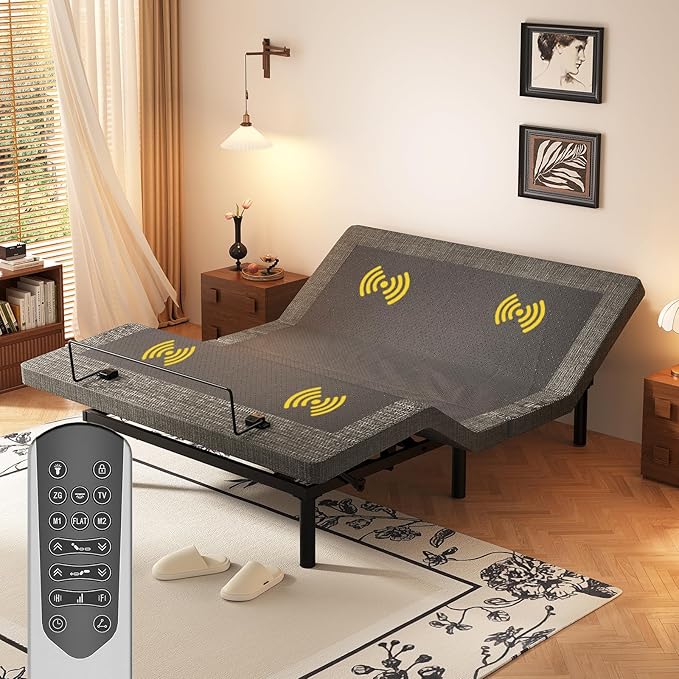 MULIN Full Size Smart Massage Bed Base, Electric Adjustable Frame with 6-Vibration Modes, Head & Foot Incline, 2 USB Ports, Flashlight, Storage Shelf & Remote