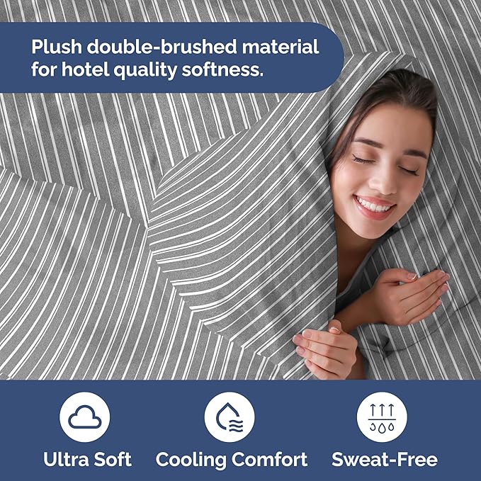 Duvet Cover Full Size Set - Extra Soft Full Duvet Cover 80" x 90" with 2 Pillow Shams - Hotel Luxury, Easy Care & Fade Free with Zipper Closures & Ties - All Season, Comfy & Breathable (Grey Stripes)