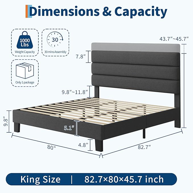 Garvee Upholstered Bed Frame with Fabric Headboard, Platform Bed with Engineered Wood Slats and Iron Frame, No Box Spring Needed, Heavy Duty Support, Grey