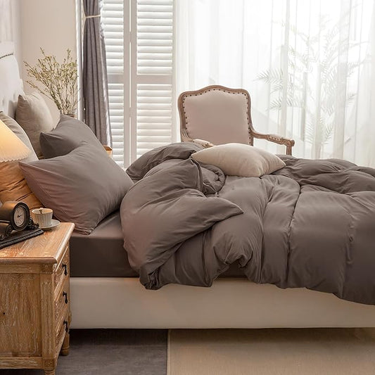 PURE ERA Jersey Knit Duvet Cover Set 100% T-Shirt Cotton Super Soft Comfy 3pc Bedding Set with Zipper Closure (Solid Brown, Queen)