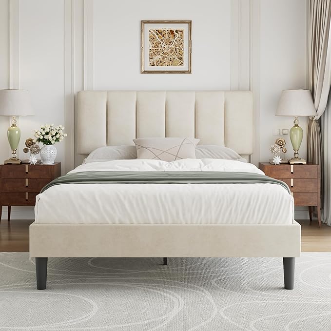 VECELO Queen Size Bed Frame with Upholstered Headboard, Heavy-Duty Bedframe with Strong Wooden Slats Support, No Boxing Spring Needed, Pale Beige