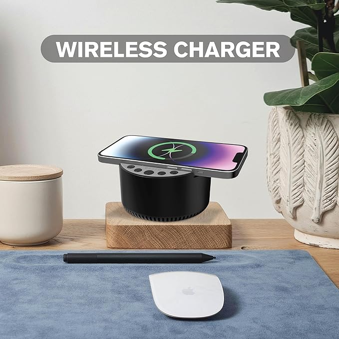 Sound Machine with Wireless Charger & Bluetooth Speaker – White Noise Sleep Aid with Memory Function, 6 Soothing Sounds, 3 Timer Modes – Compact Bedside Relaxation Device, Black