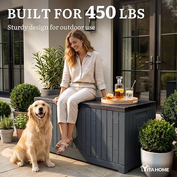 YITAHOME 120 Gallon Outdoor Storage Deck Box, Large Resin Patio Storage for Outdoor Pillows, Garden Tools and Pool Supplies, Waterproof, Lockable, (Dark Grey)