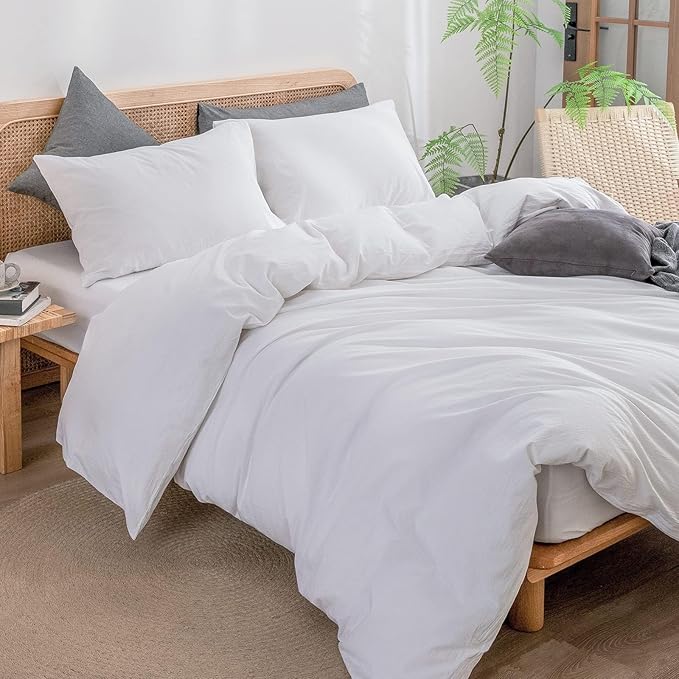 BESTOUCH Duvet Cover Set 100% Washed Cotton Linen Feel Super Soft Comfortable Chic Lightweight 3 PCs Home Bedding Set Solid Bright White Alaska King