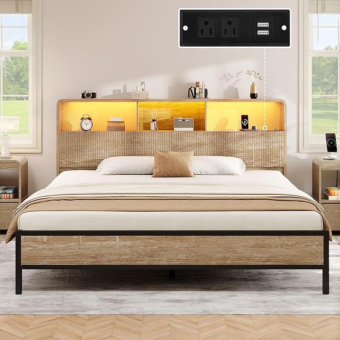 King Headboard Only, 78.7" Wide Wooden Headboard King Size with Storage, Modern Farmhouse Head Board with Outlets & USB Ports, Wall Mounted Headboards with Color-Changing LED, Natural