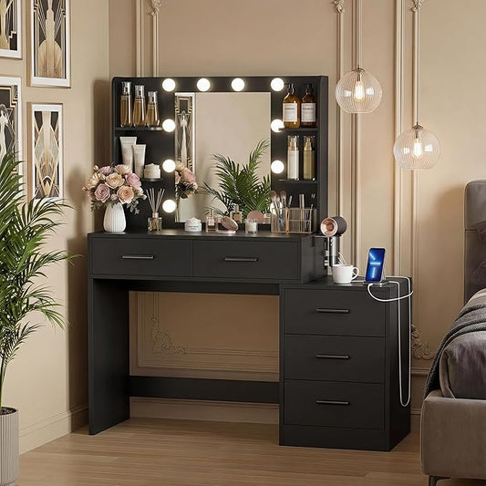 YESHOMY Makeup Vanity Desk with Mirror & Lights, Vanity Table with 5 Drawer, 6 Shelves, Charging Station for Bedroom, Dressing Room, Dark Black