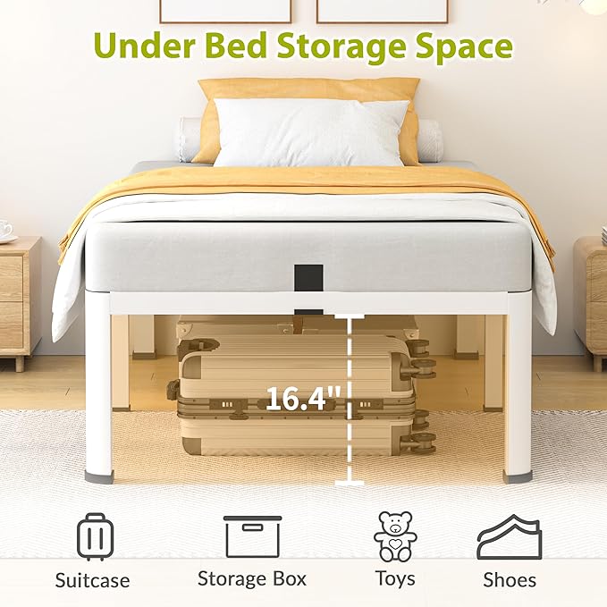 Superay 18 Inch Twin Size Metal Bed Frame with Round Corners, Storage Space Under High Bed Frame-Heavy Duty Steel Slats Support, Noise Free - Easy Assembly - No Box Spring Needed,White
