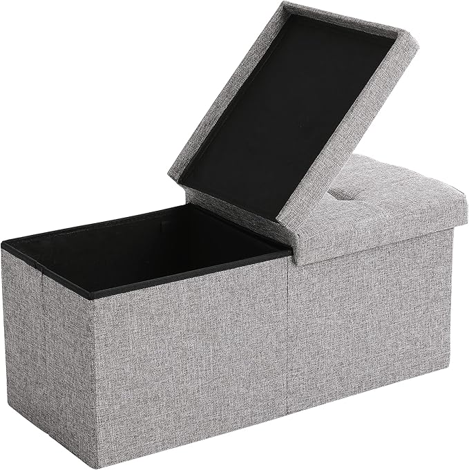 Storage Ottoman Bench Foldable Seat Footrest End of Bed Ottoman with Flipping Lid for Living Room, 75L, 30 inches Linen Fabric Grey