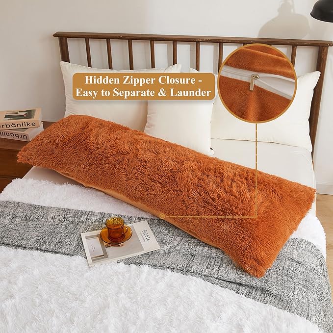 XeGe Shaggy Faux Fur Body Pillow Cover, Fluffy Long Bed Pillowcase with Zipper, Soft Decorative Plush Furry Body Pillowcase, Terracotta Fuzzy Pillow Sham for Kids Girls Women 20"x54", Burnt Orange