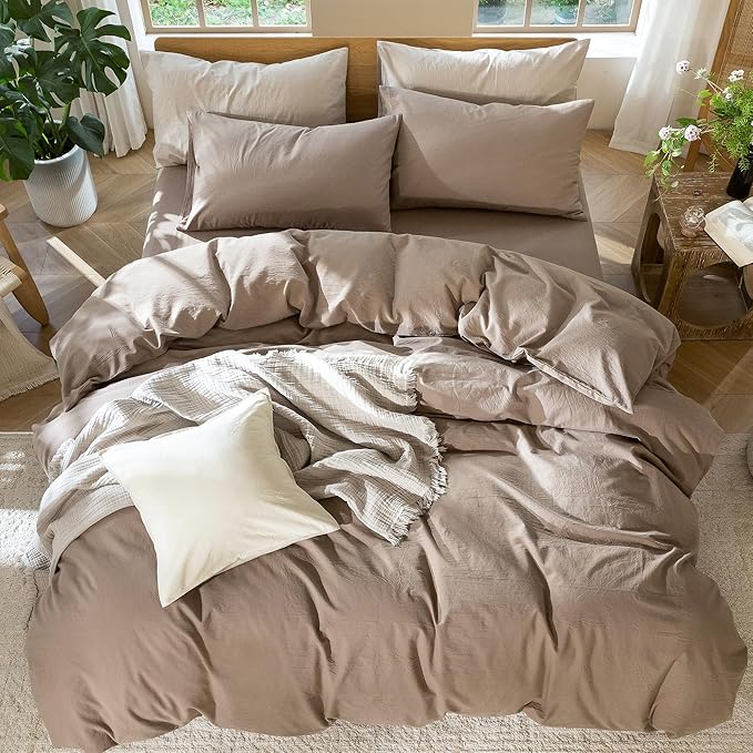 MooMee Bedding Duvet Cover Set 100% Washed Cotton Linen Like Textured Breathable Durable Soft Comfy (Solid Brown, Full 80"x90")
