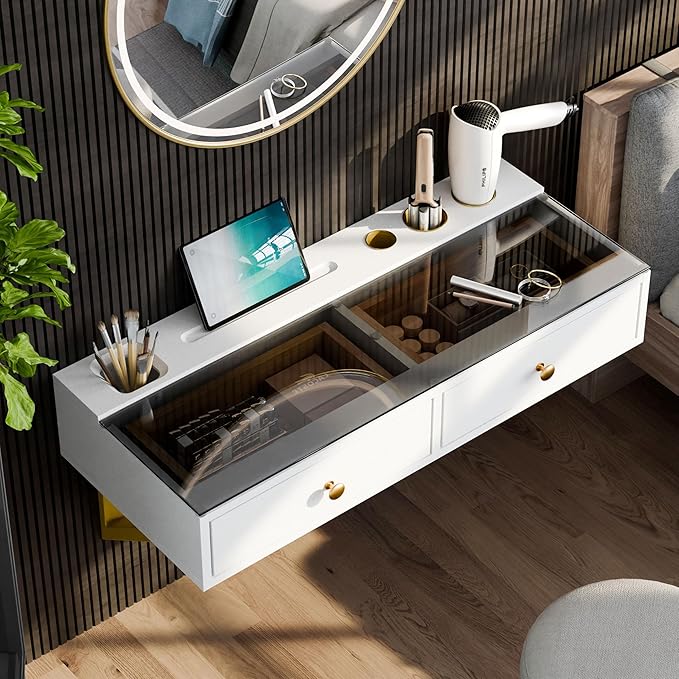 IEO 31.5" Floating Makeup Vanity Table Wall-Mounted Dressing Table with 2 Drawers Floating Desk Glass Top Wall for Small Space Bedroom,Warm White