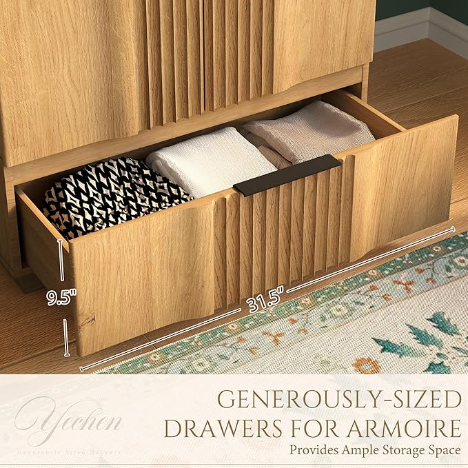 Yechen 67" Fluted Armoire Wardrobe Closet Set of 3 with Doors and Drawer, Wooden Wardrobe Closet Cabinet with Adjustable Shelve, Modern Small Armoires Storage Clothes, Coats for Bedroom, Natural, 3pcs