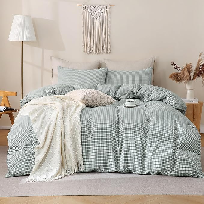 TOCOMOA Mini Gingham Green Duvet Cover Bedding Set 100% Washed Cotton Like Linen Feel Super Soft Comfortable 3 Piece Small Plaid Checkered Comforter Cover Set (King 104"x90", Comforter Not Included)
