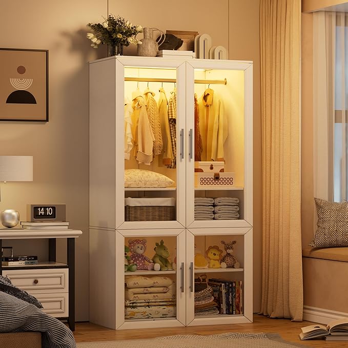 PAKASEPT Armoire Wardrobe Closet Door, Bedroom Closet Wardrobe Cabinet with Hanging Rod, Lighted Freestanding Armoire Storage Cabinet for Bedroom Cloakroom White (White&Full Glass Door)