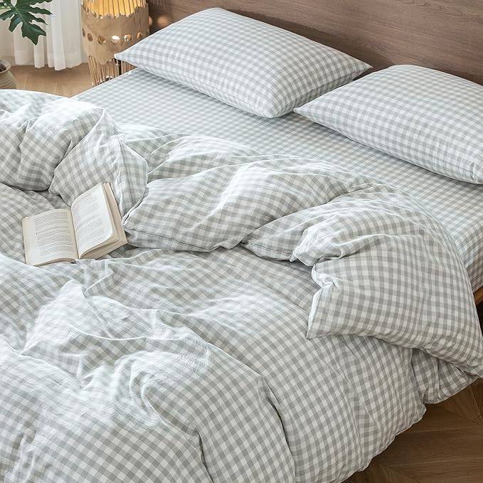MooMee Gingham Duvet Cover Set 100% Washed Cotton Linen Like Textured Breathable Durable Soft Comfy Modern Checkered Design (Northern Droplet Grey Gingham, Super King 108"x98")