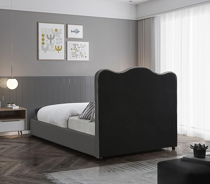 Meridian Furniture FelixGrey-F Felix Collection Modern | Contemporary Linen Textured Fabric Upholstered Bed with Curved Headboard and Espresso Wood Legs, 59.5" W x 81" D x 55.5" H, Grey, Full