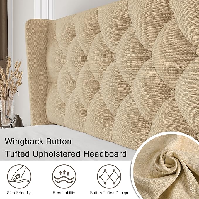 Einhomn Queen Size Platform Bed Frame with Fabric Upholstered Wingback Headboard, 11" Under Bed Space, Wooden & Metal Slats Support, No Box Spring Needed, Beige
