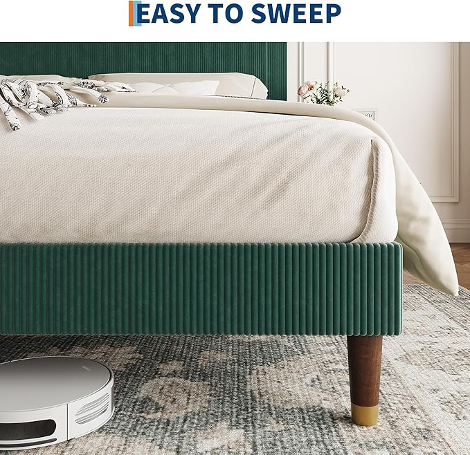 GarveeHome Full Size Bed Frame with Upholstered Headboard and Strong Wooden Slats Support, Soft Corduroy Fabric Platform Bed, No Boxing Spring Needed, Easy Assembly, Dark Green
