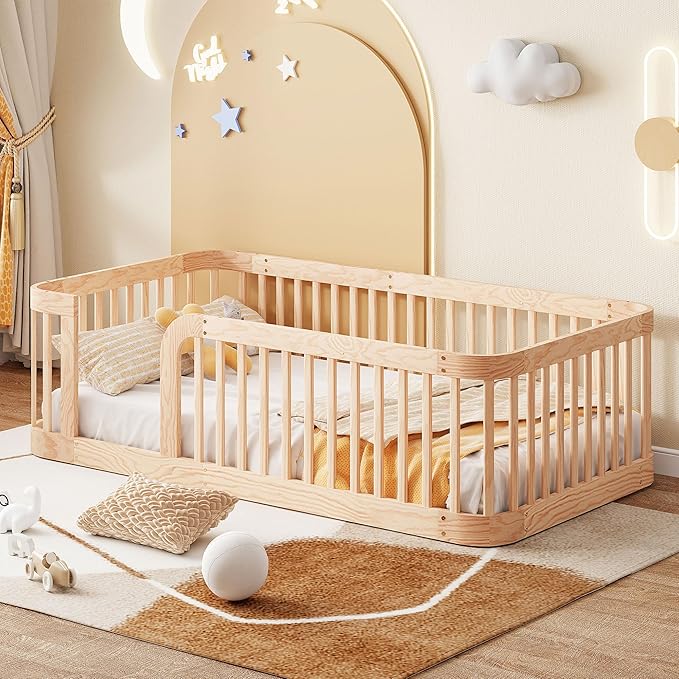 Bellemave Twin Floor Bed with High Fence and Rounded Corner Design, Twin Size Montessori Bed with Safety Guardrails, Easy Assemble Montessori Beds Frame for Girls, Boys, Natural