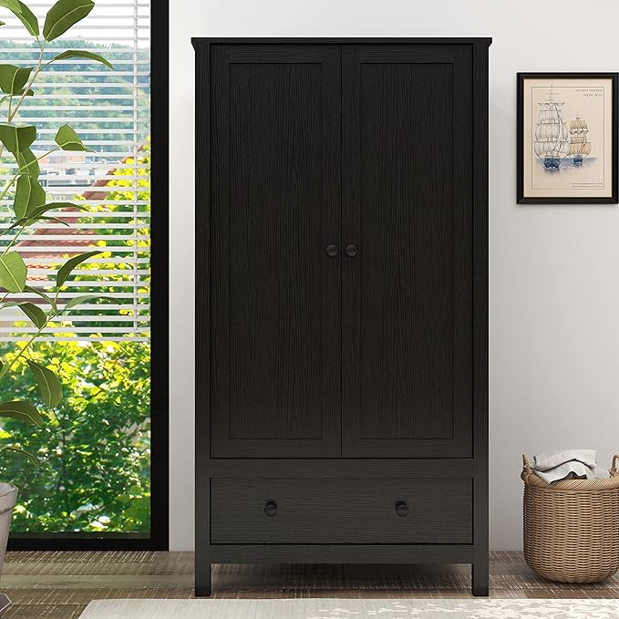 Panana 2 Door Wardrobe, Armoire with Drawer for Bedroom (Black)