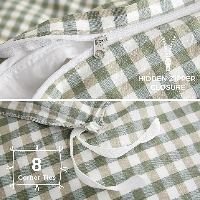 TOCOMOA Green Gingham Duvet Cover Bedding Set 100% Washed Cotton Like Linen Feel Super Soft Comfortable 2 Piece Vintage Plaid Checkered Comforter Cover Set (Twin 68"x90", Comforter Not Included)
