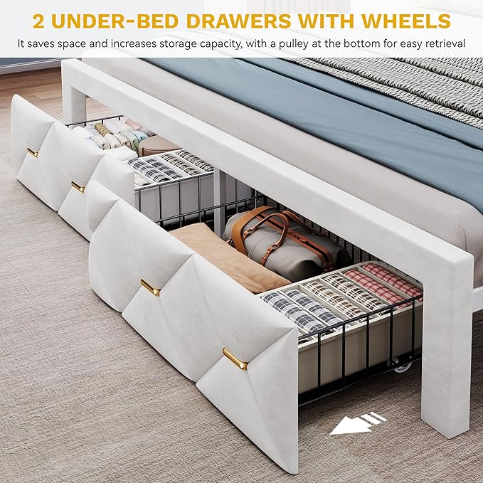 YITAHOME King Size Bed Frame with 2 Storage Drawers and Storage Headboard, Upholstered Platform with Charging Station and LED Light, No Box Spring Needed, Noise Free, Easy Assembly, Velvet White