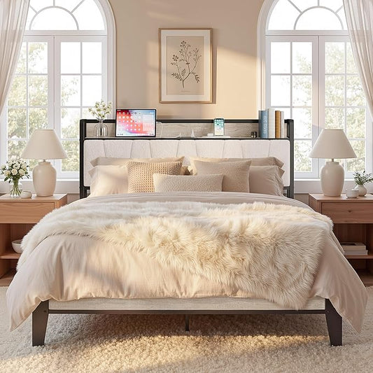 LIKIMIO Queen Bed Frames, Bouclé Storage Headboard with Charging Station, Solid and Stable, Noise Free, No Box Spring Needed, Easy Assembly