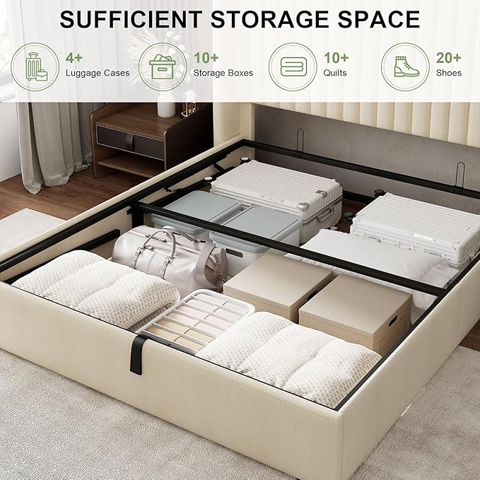 Feonase Full Size Lift Up Storage Bed Frame, Linen Upholstered Platform Bed with Wingback Headboard, Hydraulic Storage, No Box Spring Needed, Beige