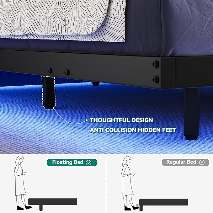 YITAHOME Floating Bed Frame King Size,Floating Bed with LED Lights & Charging Station, Metal Platform Bed Frame with Heavy Duty Steel Slats, No Box Spring Needed, Black