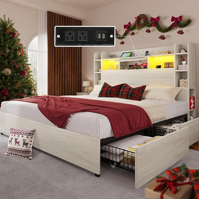 YITAHOME Queen Size Bed Frame with Bookcase Headboard and 4 Storage Drawers, RGB LED Bed Frame with Type-C & USB Charging Station Storage Headboard Bed, No Box Spring Needed, Noise Free, Antique White