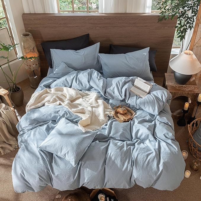 MooMee Wavy Striped Duvet Cover Set 100% Washed Cotton Linen Like Textured Breathable Durable Soft Comfy (Cornflower Blue, Oversized Queen 98"x98")