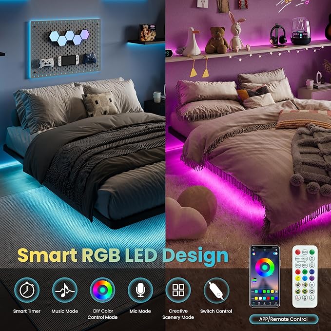 SHA CERLIN Floating Bed Frame Full Size with Smart LED Lights and Charging Station, Heavy Duty Metal Platform Bed with Modern Design,No Box Spring Needed, Easy Assembly, Matte Black