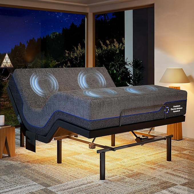 Marsail Queen Adjustable Bed Frame with Massage, Electric Adjustable Bed Base with Head & Foot Incline, Quiet Motor Adjustable Bed Frame with USB Ports, LED Light, Height-Adjustable Legs