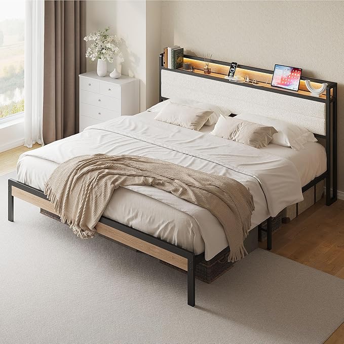LIKIMIO California King Bed Frame with Storage Headboard and LED Lights, Metal Platform Bed with Charging Station, Noise Free, No Box Spring Needed, Under Bed Storage, Natural and Cream