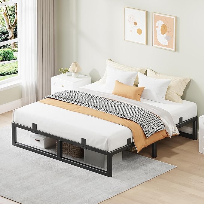 Queen Bed Frame, 12 Inch Metal Platform Bed Frames with Squeak Free U-Slot Design, 6 Non-Slip Guards, 3500lbs Heavy Duty Steel Slat Support, No Box Spring Needed, Under Bed Storage, Black