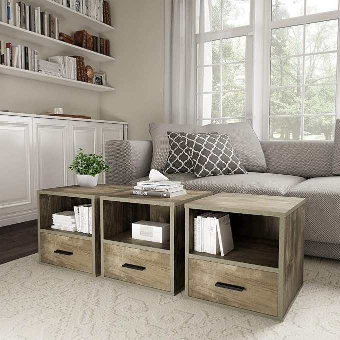 Lavish Home End Stackable Contemporary Minimalist Modular Cube Accent Table with Drawer for Bedroom, Living Room or Office (Gray),