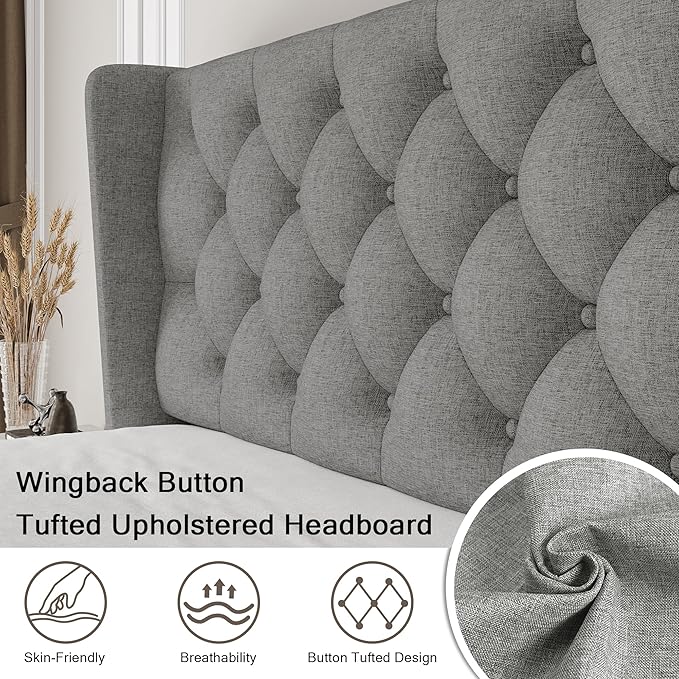 Einhomn Full Size Platform Bed Frame with Fabric Upholstered Wingback Headboard, 9" Under Bed Space, Wooden & Metal Slats Support, No Box Spring Needed, Light Gray
