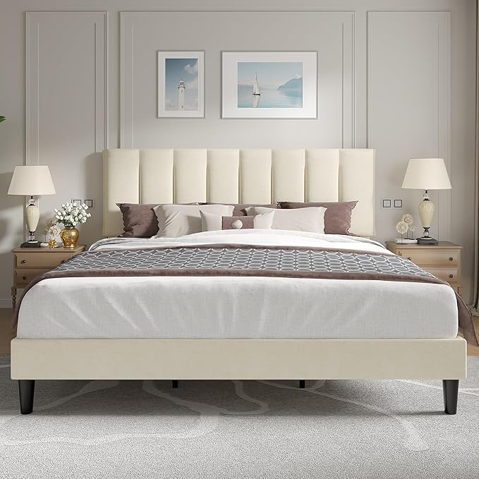 VECELO King Size Bed Frame with Upholstered Headboard, Heavy-Duty Bedframe with Strong Wooden Slats Support, No Boxing Spring Needed, Pale Beige