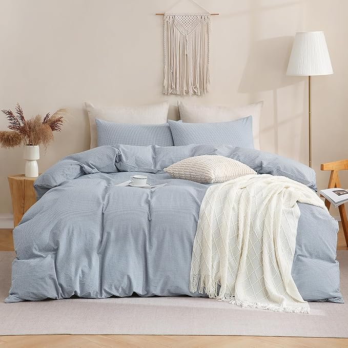 TOCOMOA Mini Gingham Blue Duvet Cover Bedding Set 100% Washed Cotton Like Linen Feel Super Soft Comfortable 3 Piece Small Plaid Checkered Comforter Cover Set (Queen 90"x90", Comforter Not Included)
