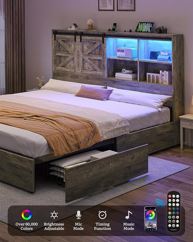 YITAHOME Farmhouse King Size Bed Frame with Storage Bookcase Headboard, Sliding Barn Door, 4 Storage Drawers, RGB LED Bed Frame with USB Charging Station, No Box Spring Needed, Cement Grey