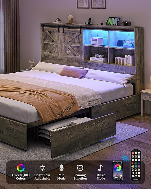 DWVO Farmhouse King Size Bed Frame with Storage Bookcase Headboard, Sliding Barn Door, 4 Storage Drawers, RGB LED Bed Frame with USB Charging Station, No Box Spring Needed, Cement Grey