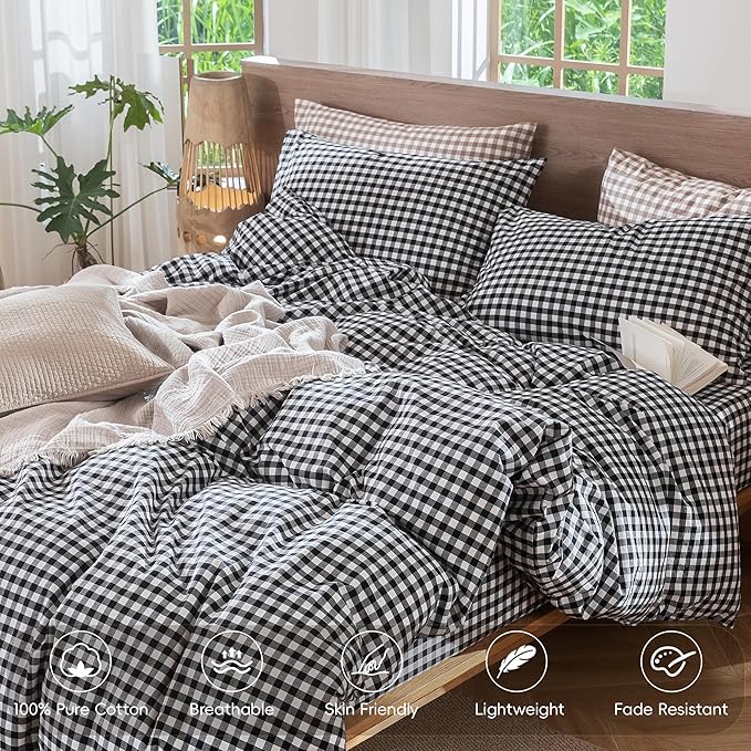 MooMee Gingham Duvet Cover Set 100% Washed Cotton Linen Like Textured Breathable Durable Soft Comfy Modern Checkered Design (Black White Gingham, Oversized Queen 98"x98")