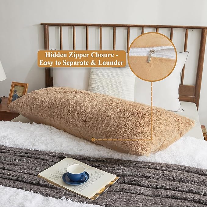 XeGe Luxury Shaggy Faux Fur Body Pillow Cover, Fluffy Bed Pillow Case w Zipper Closure, Soft Decorative Plush Long Pillow Sham, Fuzzy Hug Pillow for Home Bedroom Pregnant Women 20"x54" Camel