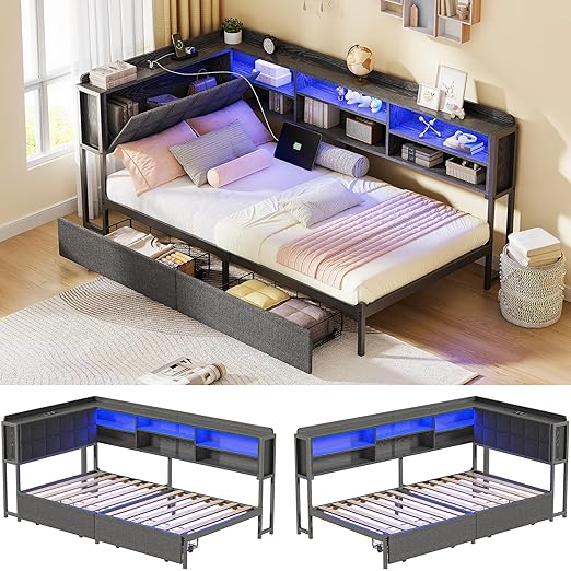 YITAHOME Twin Corner Bed Frame with Storage Drawers and Bookcase & Flip-up Storage Headboard, Twin Size Platform Corner Bed Frame with Charging Station and LED Lights, Twin Daybed for Dorm, Grey