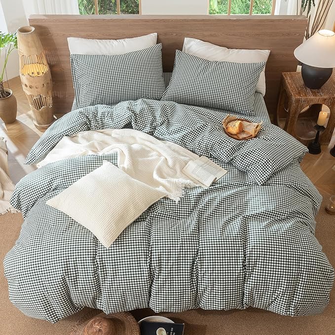 MooMee Gingham Duvet Cover Set 100% Washed Cotton Linen Like Textured Breathable Durable Soft Comfy Modern Checkered Design (Mini Gingham Forest Green, Twin 68"x90")