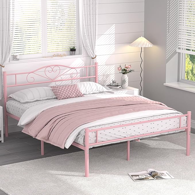 VECELO 14 Inch Queen Size Metal Platform Bed Frame with Headboard and Footboard, Heavy Duty Mattress Foundation with Steel Slats Support, No Box Spring Needed, Pink