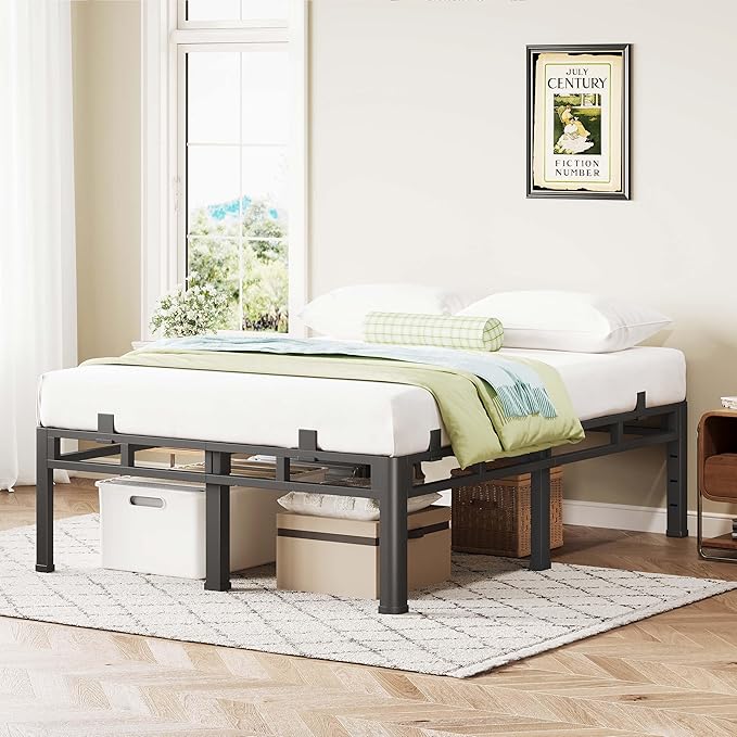 ROIL 14 Inch King Bed Frame, Double Layer Metal Bed Frame with Round Corner Legs, 4000LBS Bed Frame & Box Spring 2 in 1 Platform with Headboard Holes Mattress Baffles, Noise-Free Easy Assembly