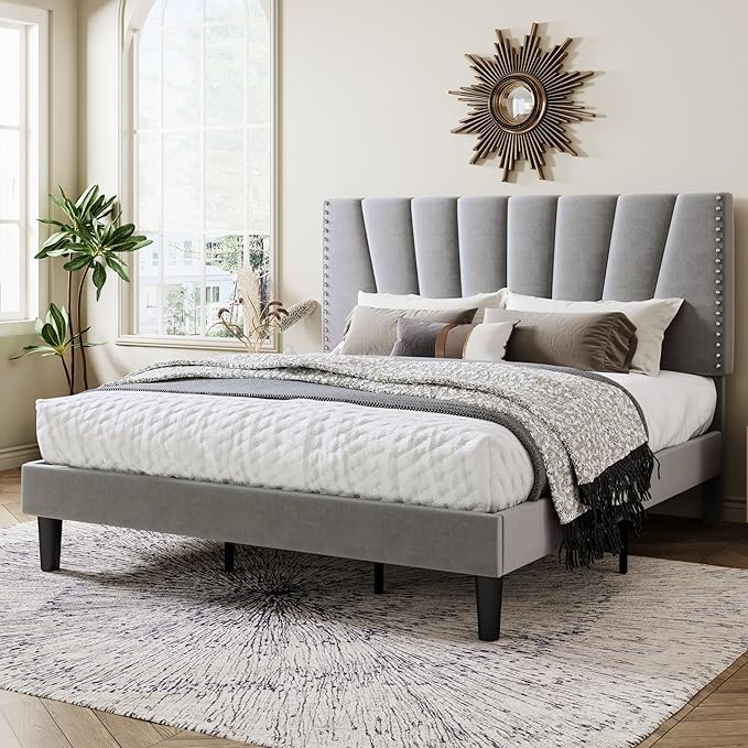 Allewie King Size Bed Frame with Adjustable Velvet Upholstered Headboard, Rivet-Style Nailhead Trim Detail Platform Bed Frame, Wooden Slat Support, No Box Spring Needed, Easy Assembly, Grey