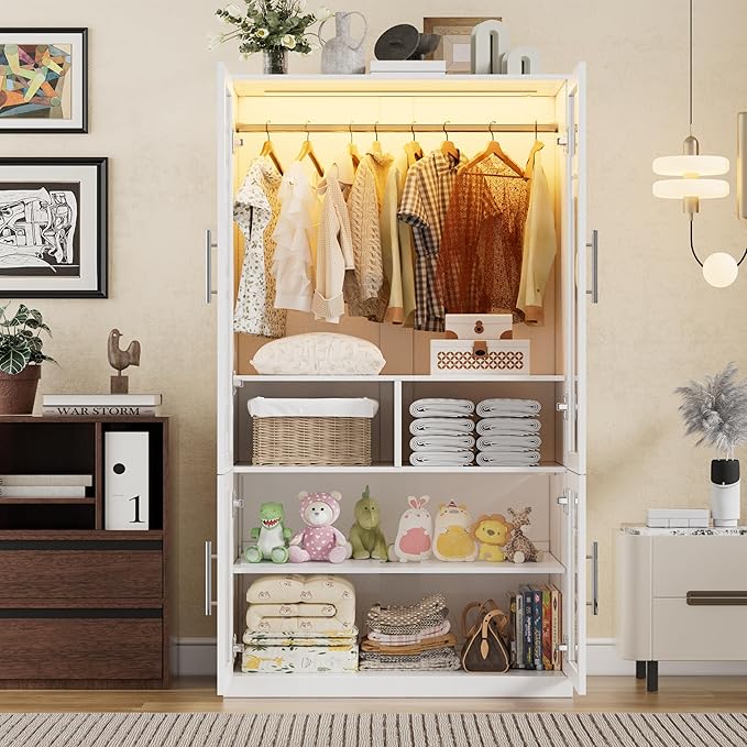 PAKASEPT Armoire Wardrobe Closet Door, Bedroom Closet Wardrobe Cabinet with Hanging Rod, Lighted Freestanding Armoire Storage Cabinet for Bedroom Cloakroom White (White&Full Glass Door)